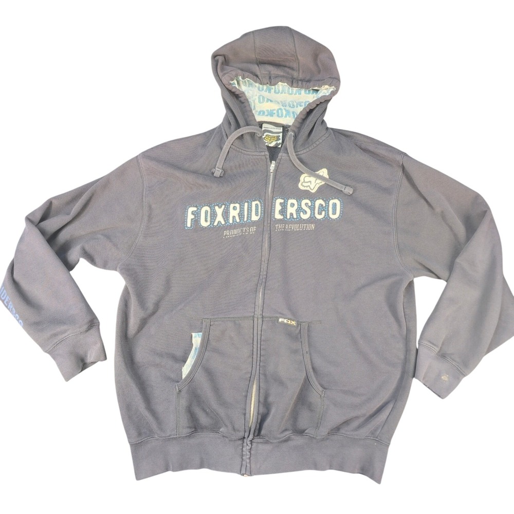 Fox Riders Co Men's XL Full Zip Hoodie Gray Fleece Lined Sweatshirt Y2K Style